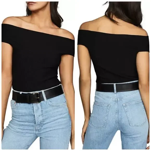 Reiss Megan Bardot Black Off The Shoulder Ribbed Knit Short Sleeve Top Large - Picture 1 of 8